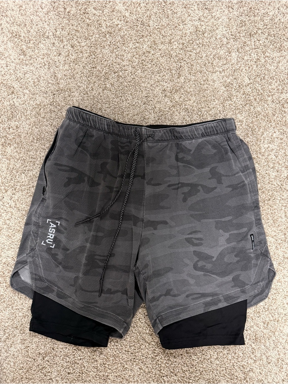 ASRV Men's Gray Camo 2-in-1 Athletic Shorts with Black Liner